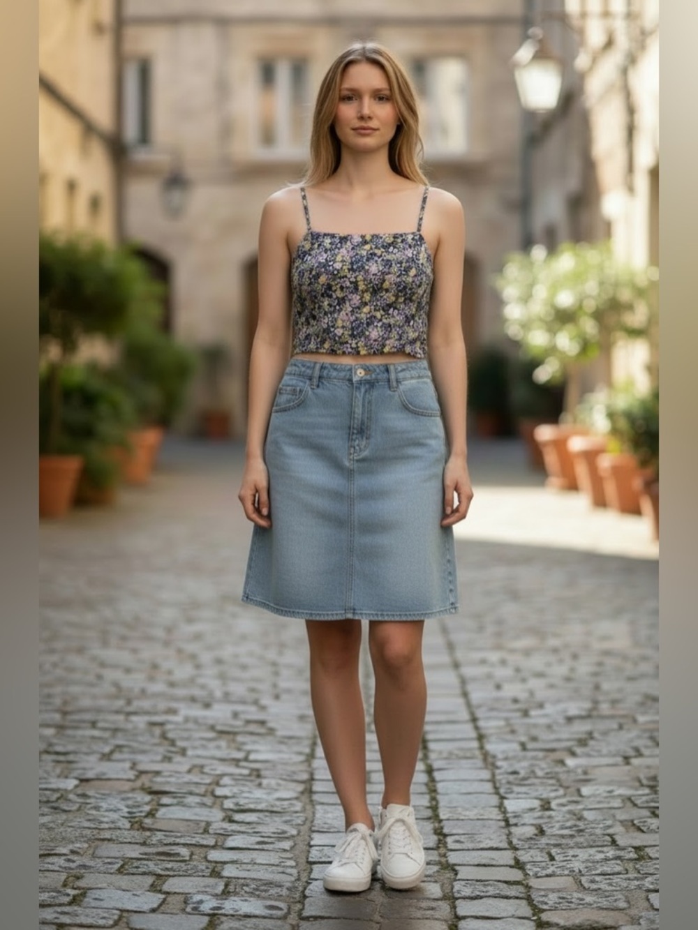 Floral Tie Back Crop Top – Organic Cotton & Linen Blend - Spaghetti Strap Medium